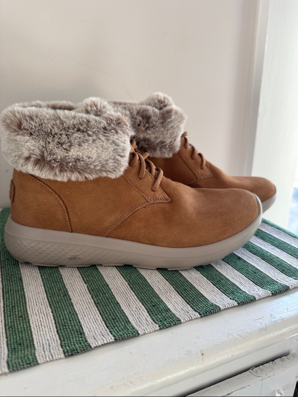 Skechers Suede Faux-Fur Collar Ankle Boot in Tan